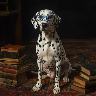 senior dog rug scene: dalmatian wearing blue glasses sits attentively on ornate rug surrounded by antique books in dim library setting