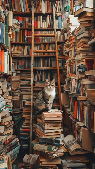 tabby cat perched on a book stack in a corner library with overflowing shelves, ladders, and vintage books with visible text