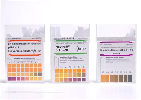 three boxes of aquarium test strips (ph 0-14, ph 5-10, ph 4.0-7.0) by merck with color comparison scales