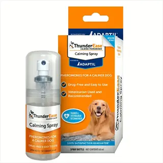 thunderease calming spray by adaptil - pheromone-based dog calming spray (drug-free, vet-recommended) for anxiety relief with golden retriever on packaging