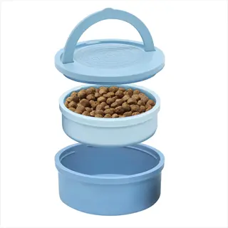 travel pet dish set: stackable blue portable pet food containers with handle, filled with kibble - travel pet dish set context