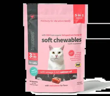 treatibles cat calming treats pouch: soft cbd chews with salmon oil for cats (5-in-1 support)