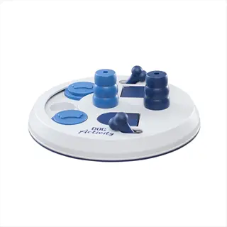 trixie activity flip board dog puzzle with blue and white circular base, bone-shaped sliders, and removable pieces for mental stimulation