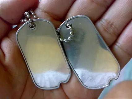 two blank metal dog identification tags on a bead chain held in a hand