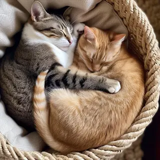 two cats affectionately cuddling and snuggling together in a woven basket, demonstrating agreeable social bonding through physical closeness