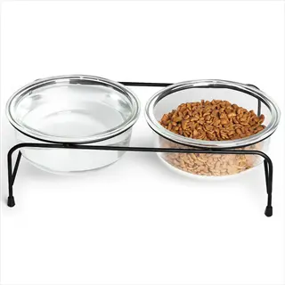 two glass pet food bowls on black metal stand: one with water, the other with dry kibble - glass dishes context