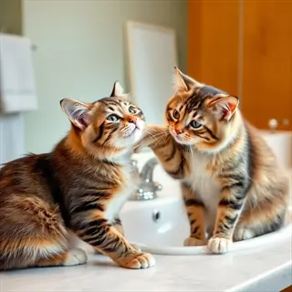 two tabby cats grooming each other on a bathroom counter: one extends a paw to touch the other's face in a social bonding moment near a sink