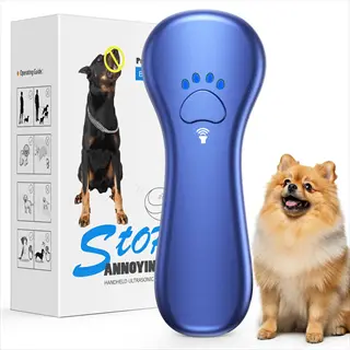 ultrasonic dog bark control: blue handheld device with paw button, product packaging & pomeranian dog - stop annoying barking handheld ultrasonic pet trainer