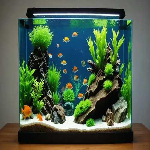vibrant freshwater aquarium showcasing lush aquarium plants, natural rocks, sandy substrate, and colorful tropical fish swimming
