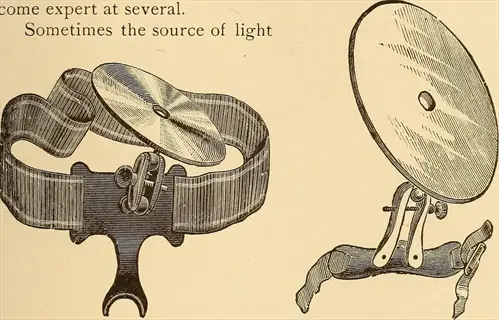 vintage illustration of head-mounted ear inspection light devices with reflector discs from historical medical text (contains explanatory text about light sources)