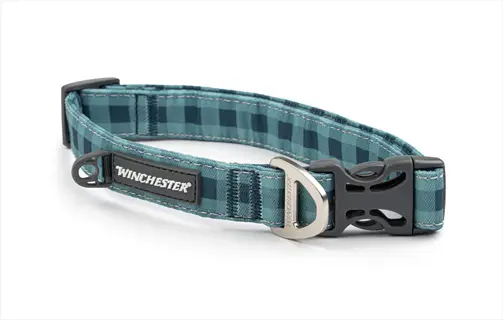 winchester blue checkered dog collar with quick-release buckle and d-ring - designed for safe collar fitting and secure pet restraint