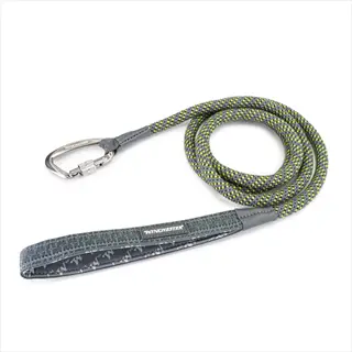 winchester dog long training leash with gray-yellow rope, metal carabiner clip, and padded handle on white background