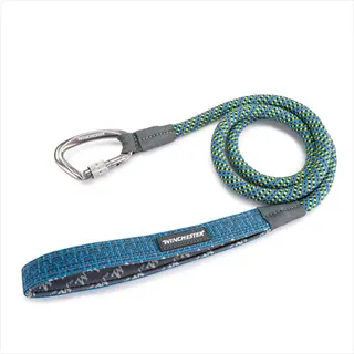 winchester dog training leash with blue-yellow rope, metal carabiner, and padded handle on white background