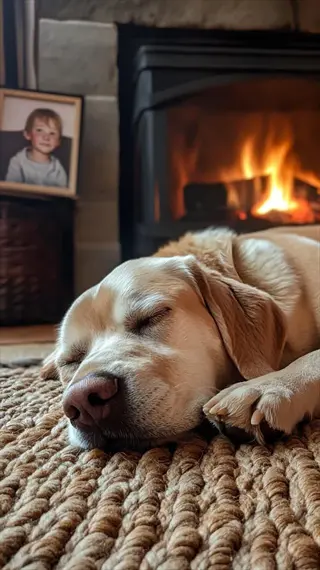 yellow labrador sleeping on its side on a woven rug beside a fireplace, with a framed photo of a child visible in background